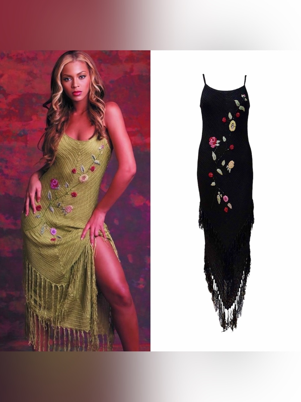 Designer 1990s Floral Crochet Fringe Dress - As Seen On Beyoncé